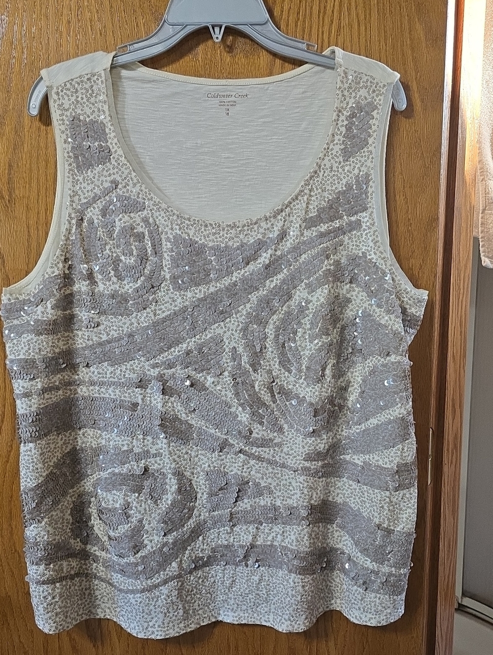 Coldwater Creek Ivory Tank Top with Silver Sequin Swirl 1X